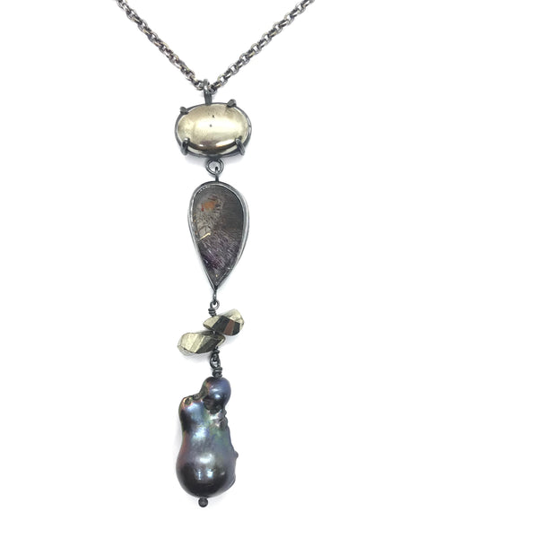 Super Seven Crystal, Pearl, and Pyrite Necklace