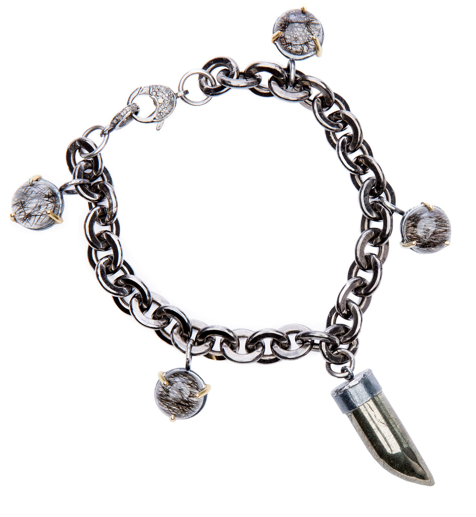 Rutilated Quartz, Pyrite Horn Gold & Sterling Charm Bracelet
