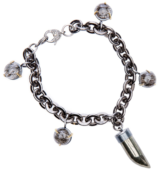 Rutilated Quartz, Pyrite Horn Gold & Sterling Charm Bracelet